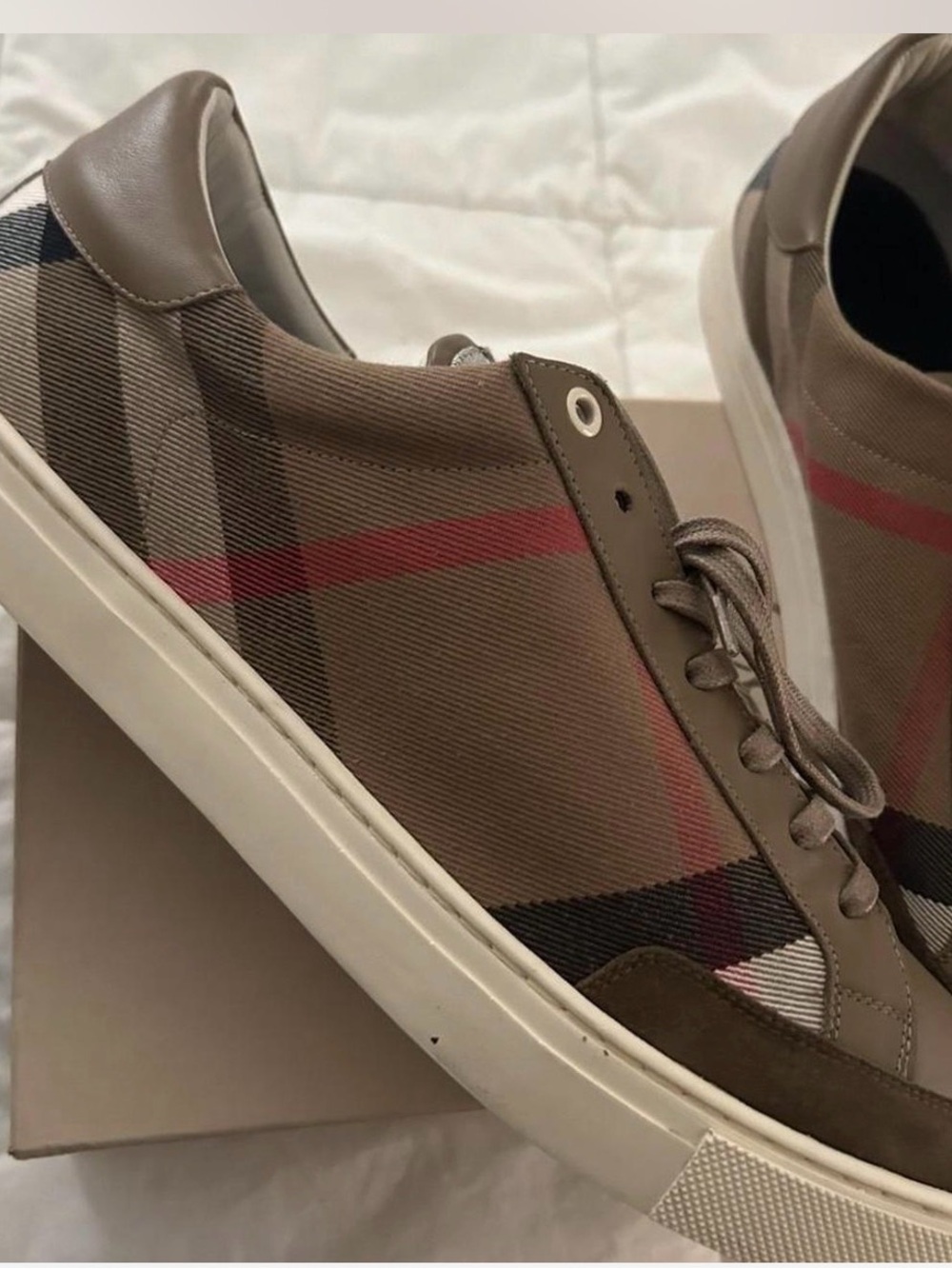 Burberry Taupe Plaid Low-Top Sneakers with Red Stripe